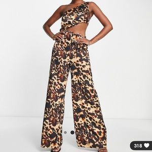 ASOS Design Satin One Shoulder Cut Out Jumpsuit in Leopard Print